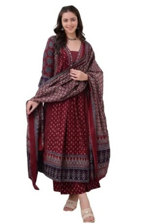 51JtGs04X7L._SY741_ KLOSIA Women's Rayon Printed Anarkali Kurta and Pant with Dupatta Set